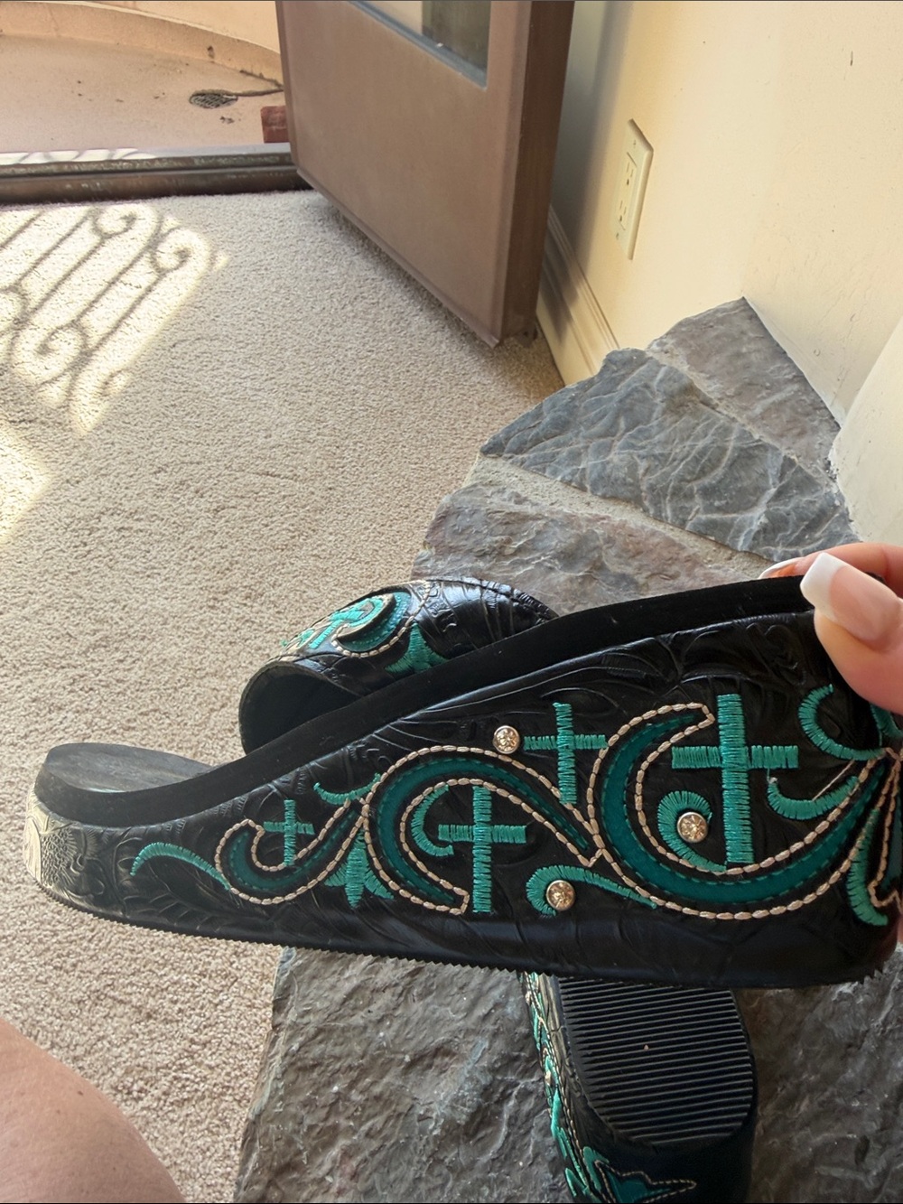Montana West Black & Turquoise Floral Rhinestone Concho Wedge Sandals - Picture 6 of 6